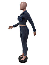 Denim Patchwork Ribbed Crop Top and Pant Two-Piece Set